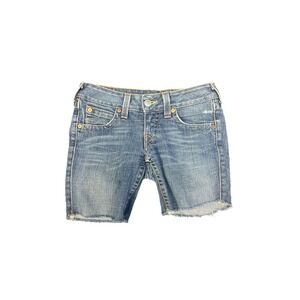 TRUE RELIGION WORLD TOUR JULIE Cut Off Jean Shorts W27 Blue Denim Low Rise Y2K